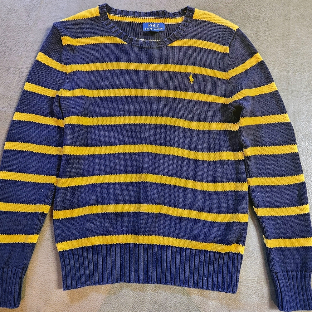 Polo by Ralph Lauren Big Boy's Navy and Yellow Striped Sweater, Size 14-16